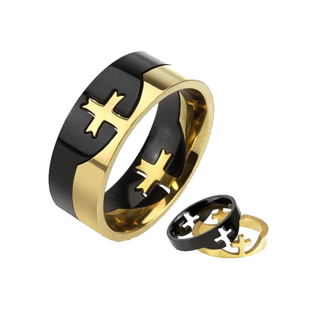 Crowning Cross - Two piece two tone black and gold IP stainless steel cross men’s puzzle ring