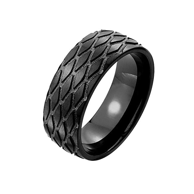 Black Tracks - FINAL SALE A Tire Tread Pattern Black Stainless Steel Ring