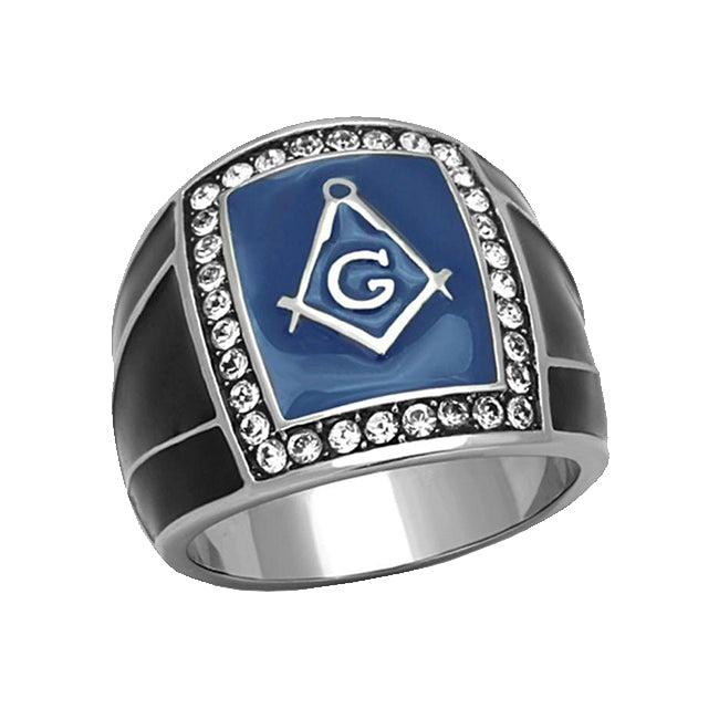 Masonic Blue - Blue Enamel and Top Grade Crystal Stainless Steel Masonic Symbol Ring