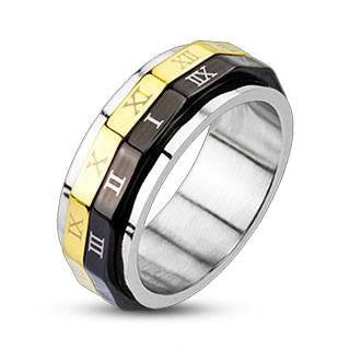Roman Numeral Spinner - FINAL SALE Black and Gold IP Stainless Steel Ring