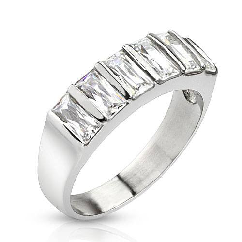 Sixth Sense – FINAL SALE Unique Design Six Emerald Cut Cubic Zirconia Stainless Steel Wedding Band