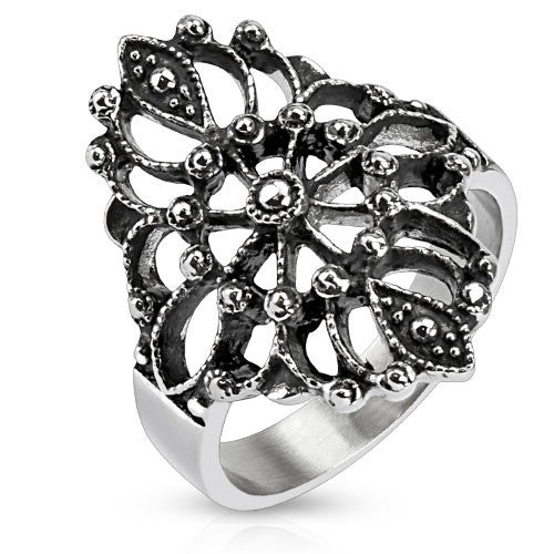 Desiree – FINAL SALE Intricate Antiqued Stainless Steel Floral Design Cocktail Ring
