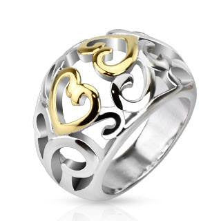Dancing Hearts Ring - FINAL SALE Light Hearted Two Tone Stainless Steel and Gold Hearts Cut Out Pattern Ring