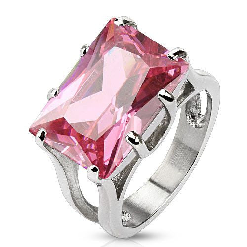 Blushing Princess – FINAL SALE Lovely Rectangular Emerald-Cut Pink Cubic Zirconia Cocktail Ring in Stainless Steel