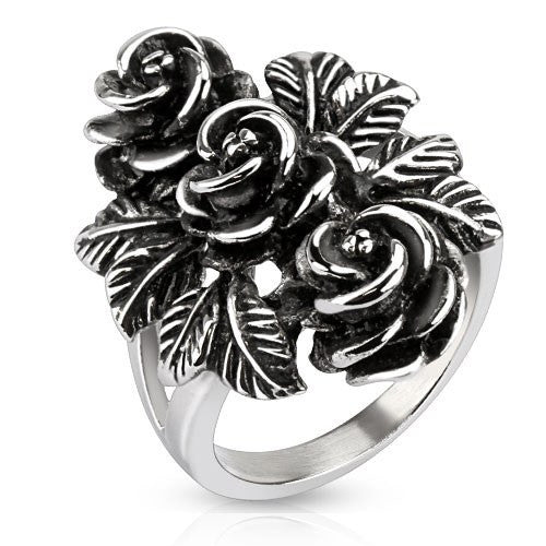 Vintage Rose Trio - FINAL SALE Pretty Intricately Carved Antiqued Stainless Steel Three Roses Cocktail Ring