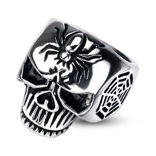 Wicked Web - FINAL SALE Spider and web engraved black oxidized stainless steel men's skull ring
