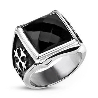 Royal Cross Signet - FINAL SALE Elegant Design Dark Reflective Square Cut Cubic Zirconia Stainless Steel Comfort Fit Ring