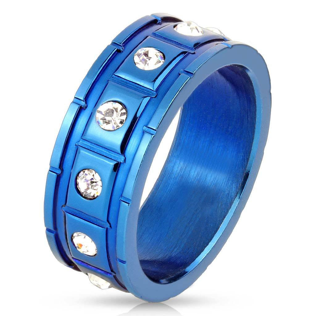 Structured Blue -FINAL SALE Twelve cubic zirconias in raised squares blue IP stainless steel grooved men's ring