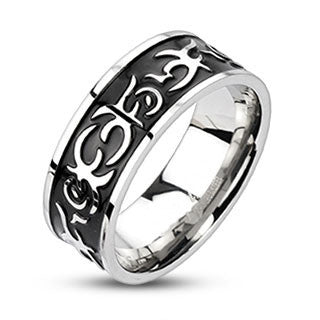 Outlaw – FINAL SALE Black oxidized tribal fire design band stainless steel men’s ring