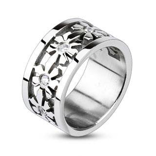 Silver Snowflower- FINAL SALE Cut Out Flower Snowflake White Cubic Zirconia Stainless Steel Band