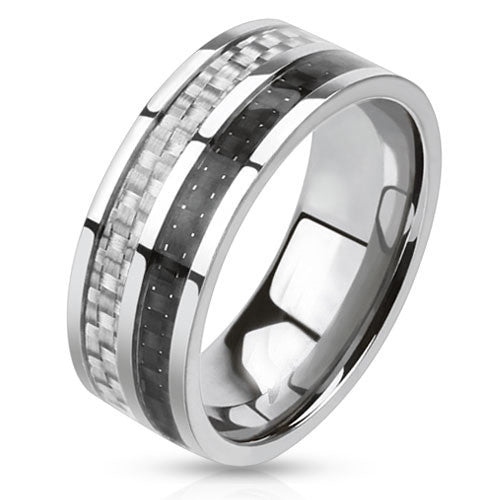 Cocktail Hour - FINAL SALE Double carbon fiber black and white inlaid silver stainless steel men’s ring