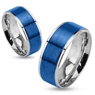 Stratosphere - FINAL SALE Brushed blue IP and silver stainless steel his and her ring with step edges