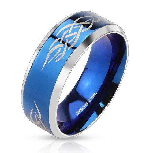 Blue Tribal Shaman - FINAL SALE Polished blue IP and silver stainless steel men’s ring with fire tribal inlay