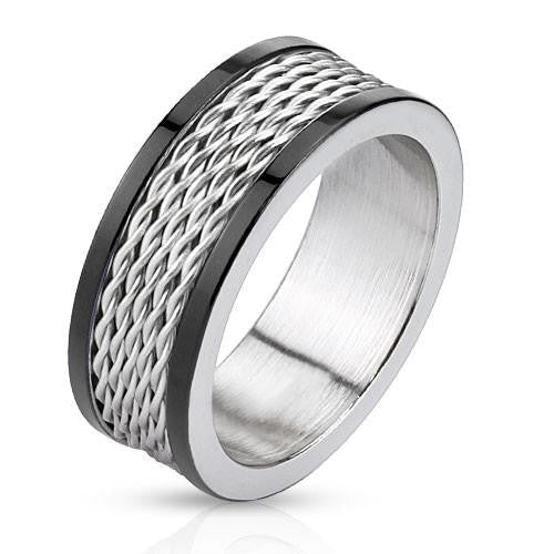 Silver Cyclone - FINAL SALE Black IP and silver stainless steel ring with stacked wire inlay and polished edges