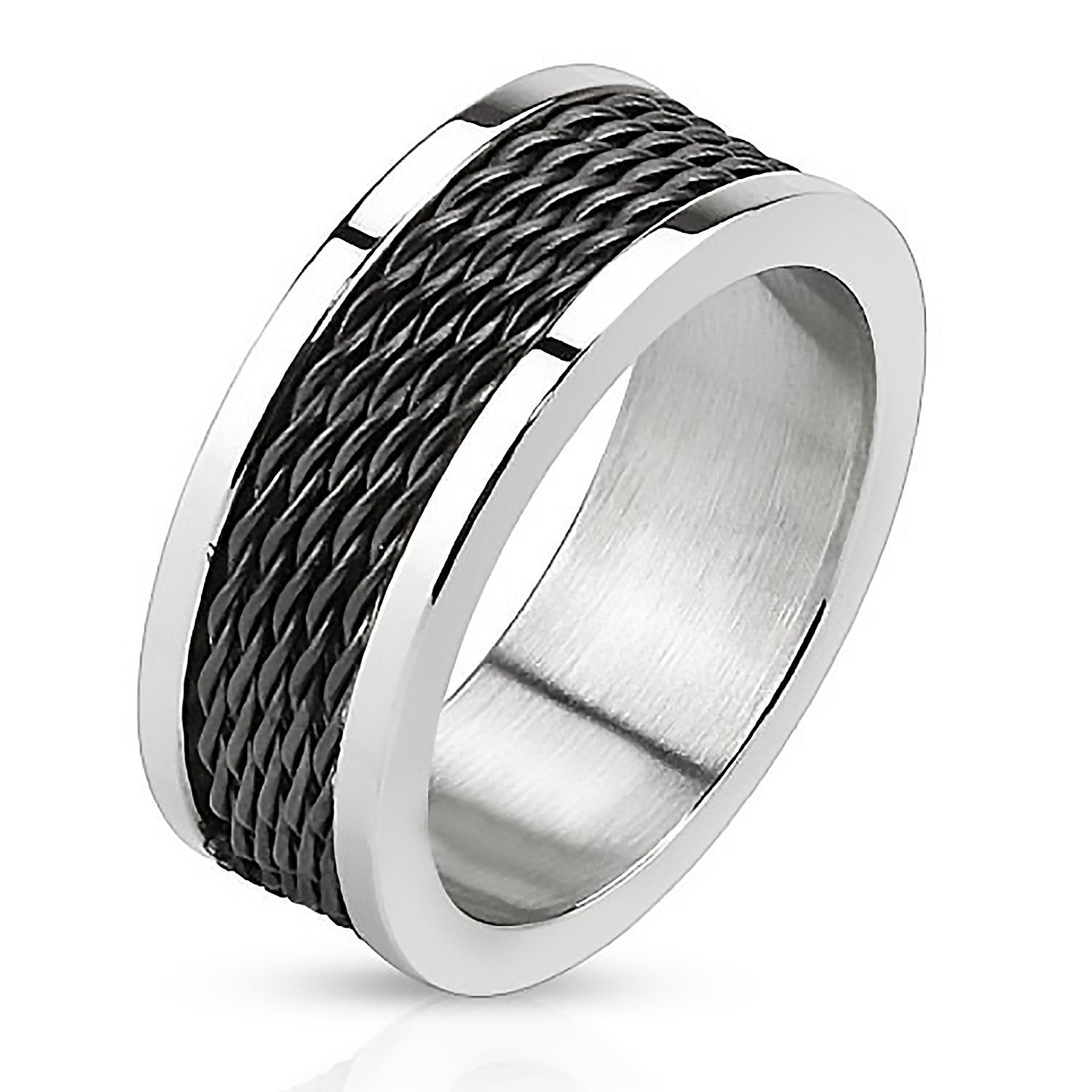 Black Cyclone - FINAL SALE Black IP and silver stainless steel ring with stacked wire inlay and polished edges
