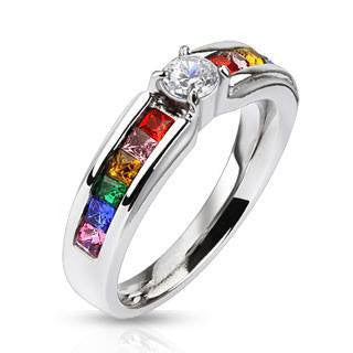 Celebration - FINAL SALE Stainless Steel Engagement Ring with Clear Center Gem and Rainbow CZs