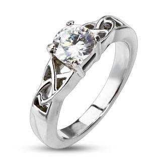 Celtic Love - FINAL SALE Round cut cubic zirconia solitaire set in a stainless steel trinity Celtic knot ring design