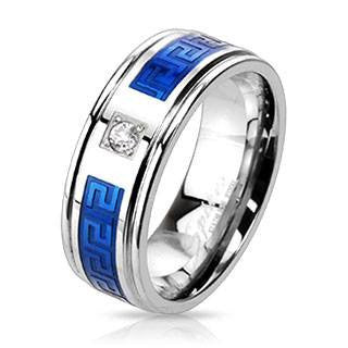 Blue Dionysus - FINAL SALE Silver and Blue Stainless Steel Greek Key Maze Design Cubic Zirconia Wedding Band