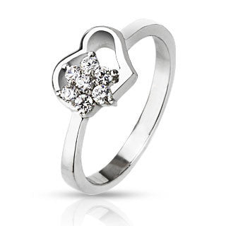 Heart in Bloom – FINAL SALE Pretty Floating Heart Design with White Cubic Zirconia Flower in Stainless Steel Ring