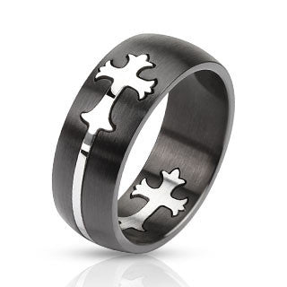 Purpose - FINAL SALE Bold Two Tone Black and Silver Stainless Steel Cut Out Cross Design Ring