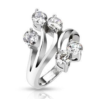 Shooting Stars Ring - Curvy Design Stainless Steel Comfort Fit Engagement Ring with Five Clear Cubic Zirconias