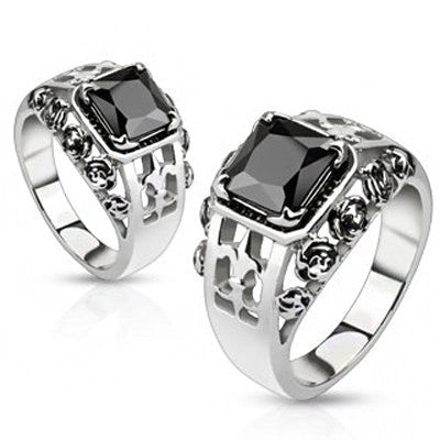 Black Rose Royal - FINAL SALE Black square cut gemstone Fleur De Lis and Roses stainless steel ring