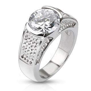 Winter Wonderland - FINAL SALE Sophisticated Wide Stainless Steel Band with Large Round Cut Center Cubic Zirconias