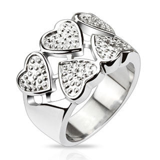 Heart to Heart - FINAL SALE Chunky Style Wide Silver Stainless Steel Band with Five Solid Hearts and Heart Cut-Outs