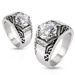 Spellbound - FINAL SALE Well Crafted Stainless Steel Signet Ring Style with Large Cubic Zirconia Side Gems and Tribal Detailing