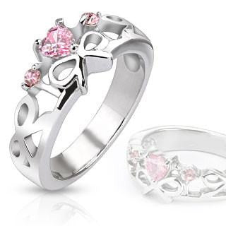 Sentimental - FINAL SALE Pink Cubic Zirconia Heart with Bow Stainless Steel Engagement Ring