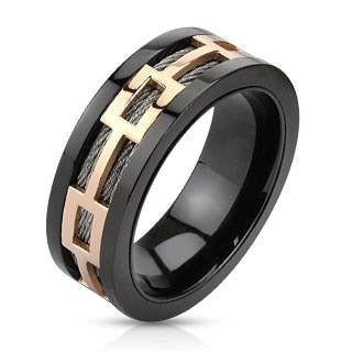 Magnum - Rose Gold IP Rectagular Center band Black Ion Plated Comfort Fit Stainless Steel Ring