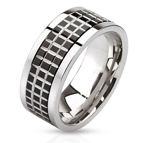 Graph Paper – FINAL SALE Edgy Polished Stainless Steel Black Tile Center Spinner Ring