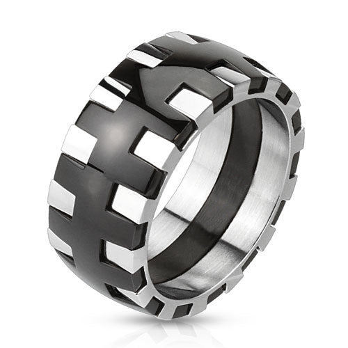Gear – Rock 'n' Roll Polished Black Silver Stainless Steel Cogwheel Design Ring