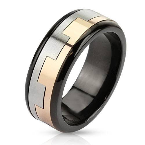 Castle Wall - FINAL SALE Tri Tone Black Silver Rose Gold Stainless Steel Square Link Pattern Spinner Ring