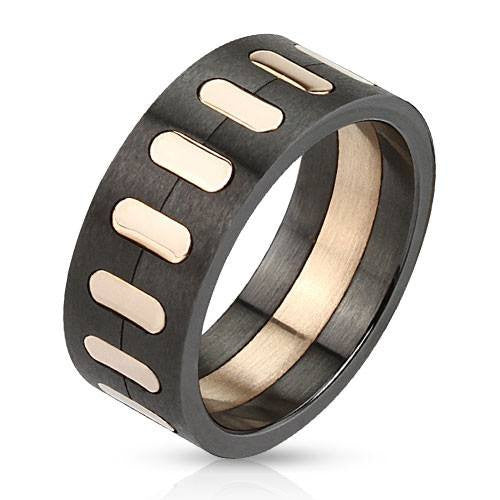 Photo Finish - FINAL SALE Masculine Oval Segmented Rose Gold Black Brushed Finish Stainless Steel Ring