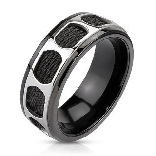 Determination - FINAL SALE Black IP Wired and overly Patterned Center Band Stainless Steel Comfort-Fit Ring