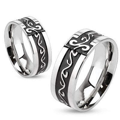 Tribal Meets Tuxedo - FINAL SALE Black oxidized stainless steel center band with silver tribal scrollwork design couples ring