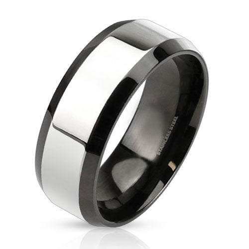 Upscale - FINAL SALE Glossy two tone black IP and silver stainless steel beveled edge men’s ring