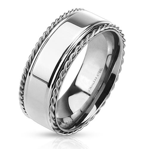 The Baron - FINAL SALE Stainless steel ring with polished center band and twisted rope edges
