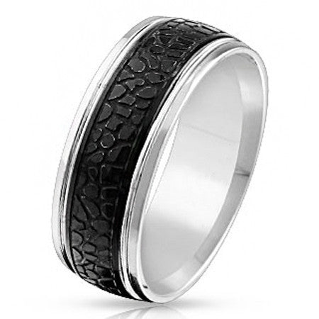 Sea Monster - FINAL SALE Black IP silver stainless steel crocodile skin pattern men’s ring