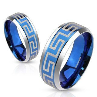 Loyal - FINAL SALE Blue IP etched Meander Greek Key maze design silver stainless steel couples ring