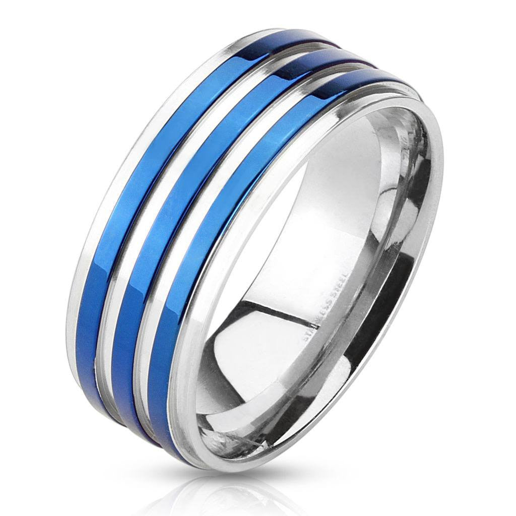 Skyfall - FINAL SALE Triple blue IP band silver stainless steel men’s ring