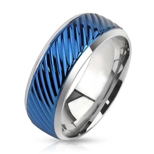 Blue Whirlwind - FINAL SALE Blue IP and silver diagonal groove cut stainless steel men's ring