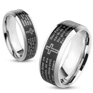 Thy Kingdom Come Black - Lord's Prayer inscribed black IP bevelled edge stainless steel his and hers ring