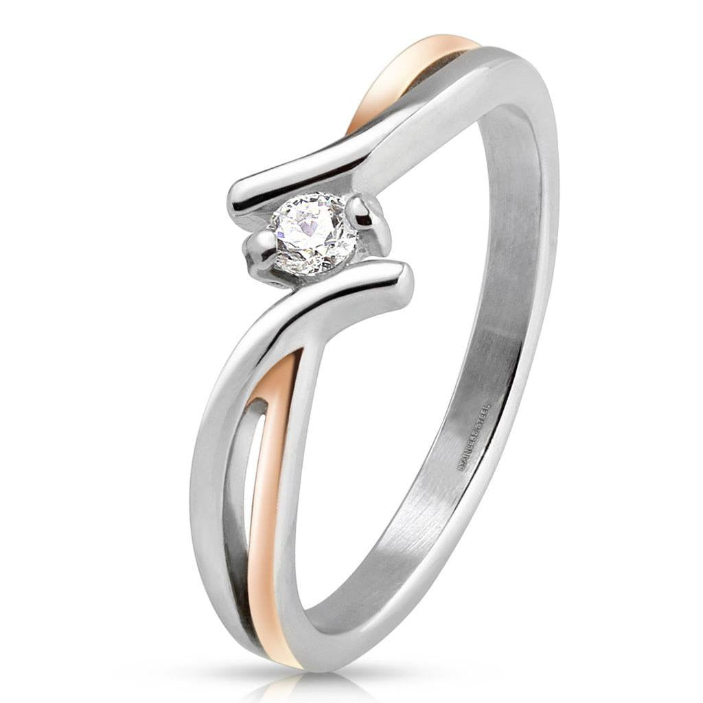 Blush - FINAL SALE Rose gold IP silver stainless steel two tone cross over band with cubic zirconia solitaire stone
