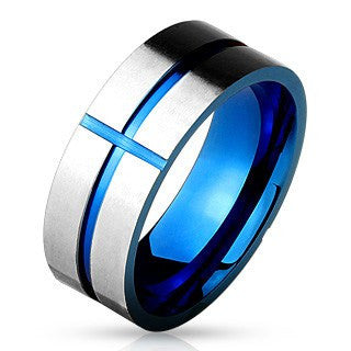 Cross Groove - FINAL SALE Blue IP Grooved Stainless Steel Cross Ring