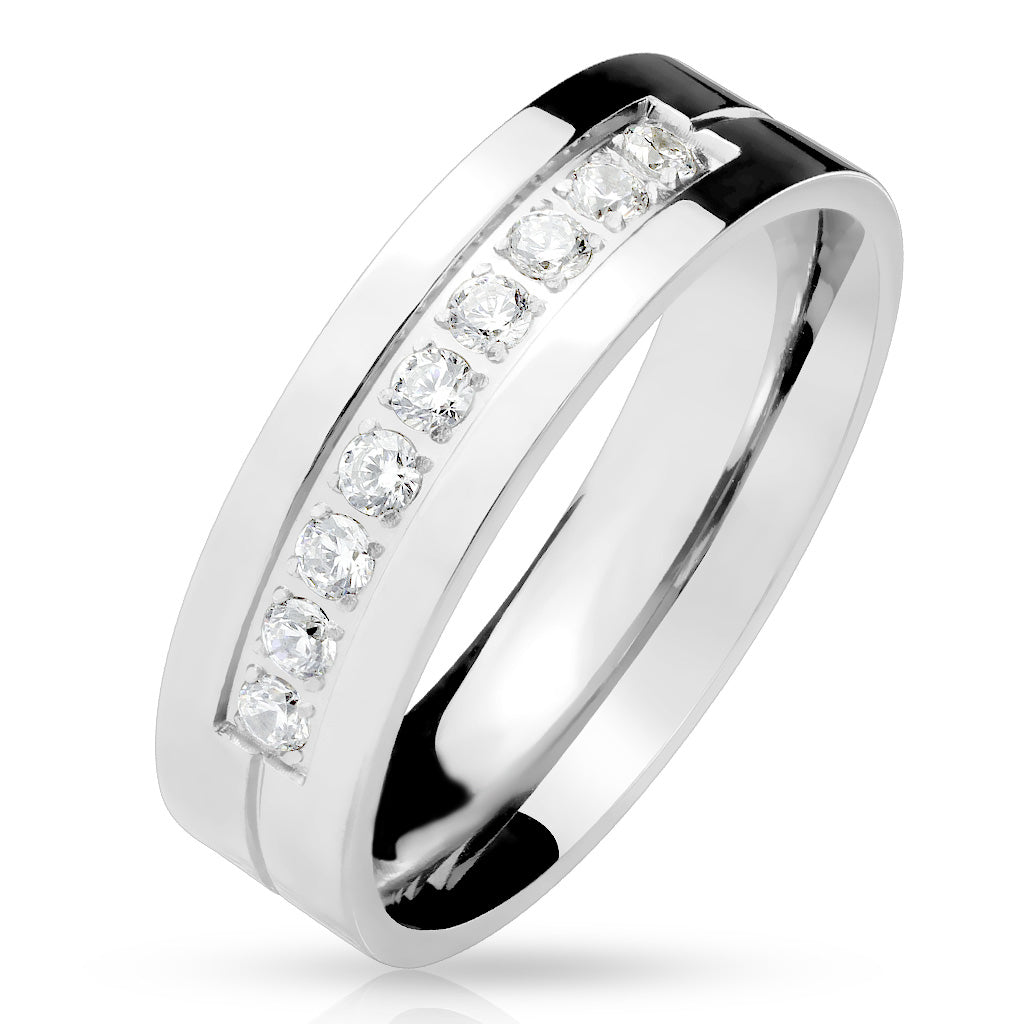 Unisex Stainless Steel Clear CZ Ring