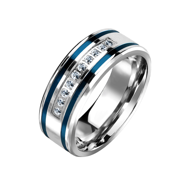 Dedication - Men's Stainless Steel Ring With Two Blue IP Grooved Stripes And Clear CZ Stones
