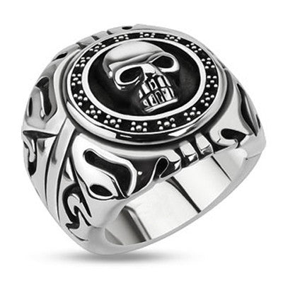 Skull Signet – FINAL SALE Black oxidized silver stainless steel wide men’s skull signet ring