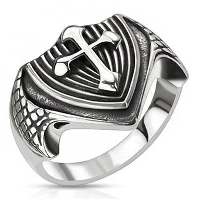 Dragon’s Cross – FINAL SALE Black oxidized silver stainless steel dragon wings cross shield ring
